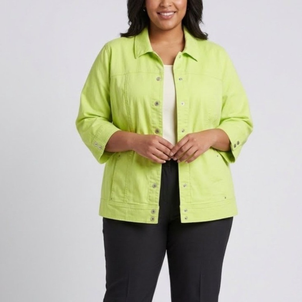 CJ Banks Jacket Womens 3X Lime Green Stretch Cotton Snap Front